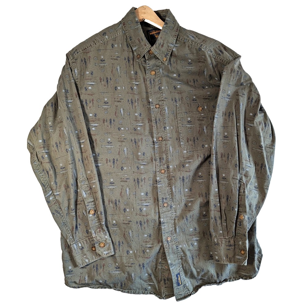 Woolrich Long Sleeve Button Down Green All Over Print Fishing Shirt Men's L